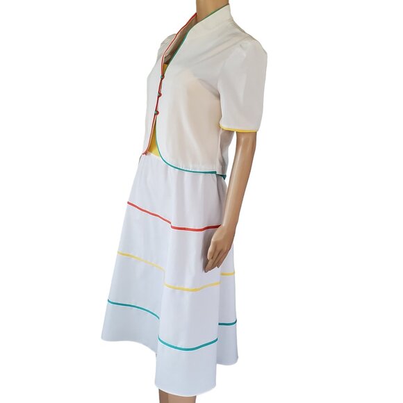 2 Piece Jacket Dress Women's S Sheath Sundress Midi Stripe Tie Belt Square Neck - Picture 2 of 12